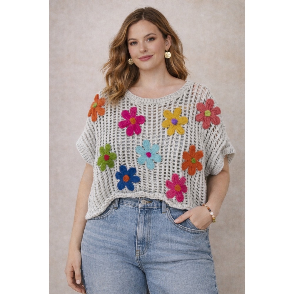 BIBI Crochet Knit Flower Applique Crop Top Sweater Pullover Light Blue Size L